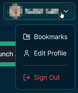 Screenshot of the account menu in the Spare Cores header with the Bookmarks, Edit Profile, and Sign Out items.