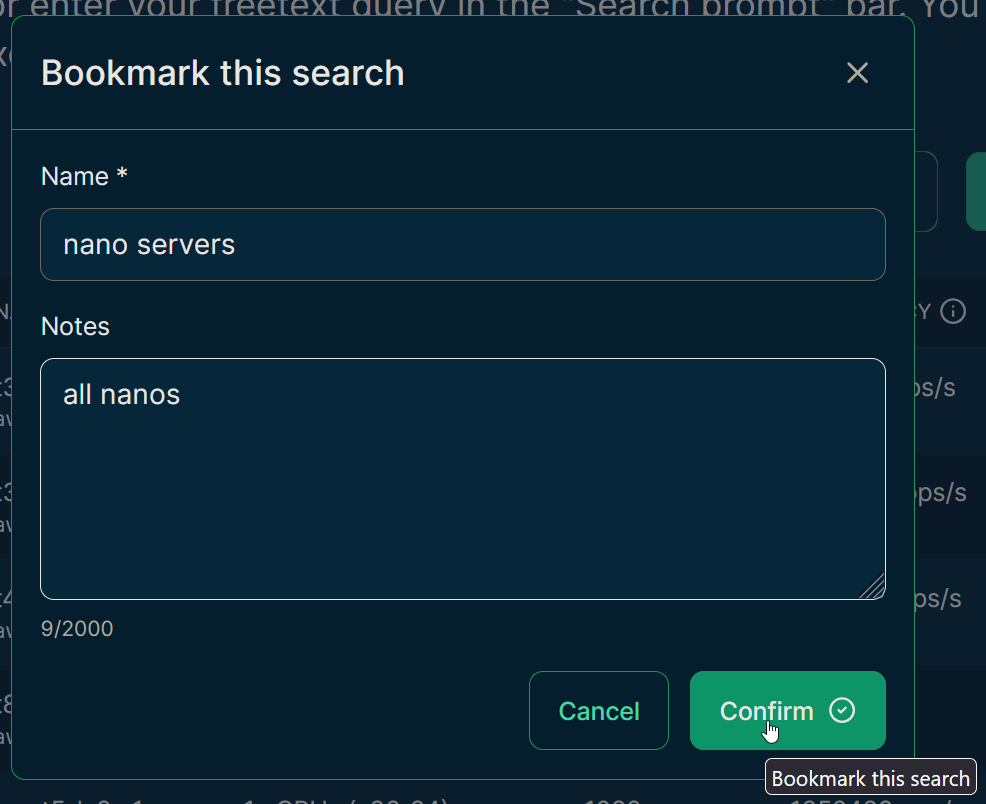 Screenshot of the Bookmark this search dialog on the Spare Cores website with a name and a note filled in.