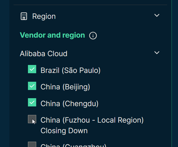 Screenshot of the region filter on the Spare Cores server listing with three Alibaba Cloud regions selected.
