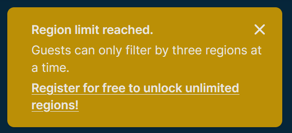 Screenshot of the Region limit reached notice saying that guests can only filter by three regions at a time, with a link to register for free.