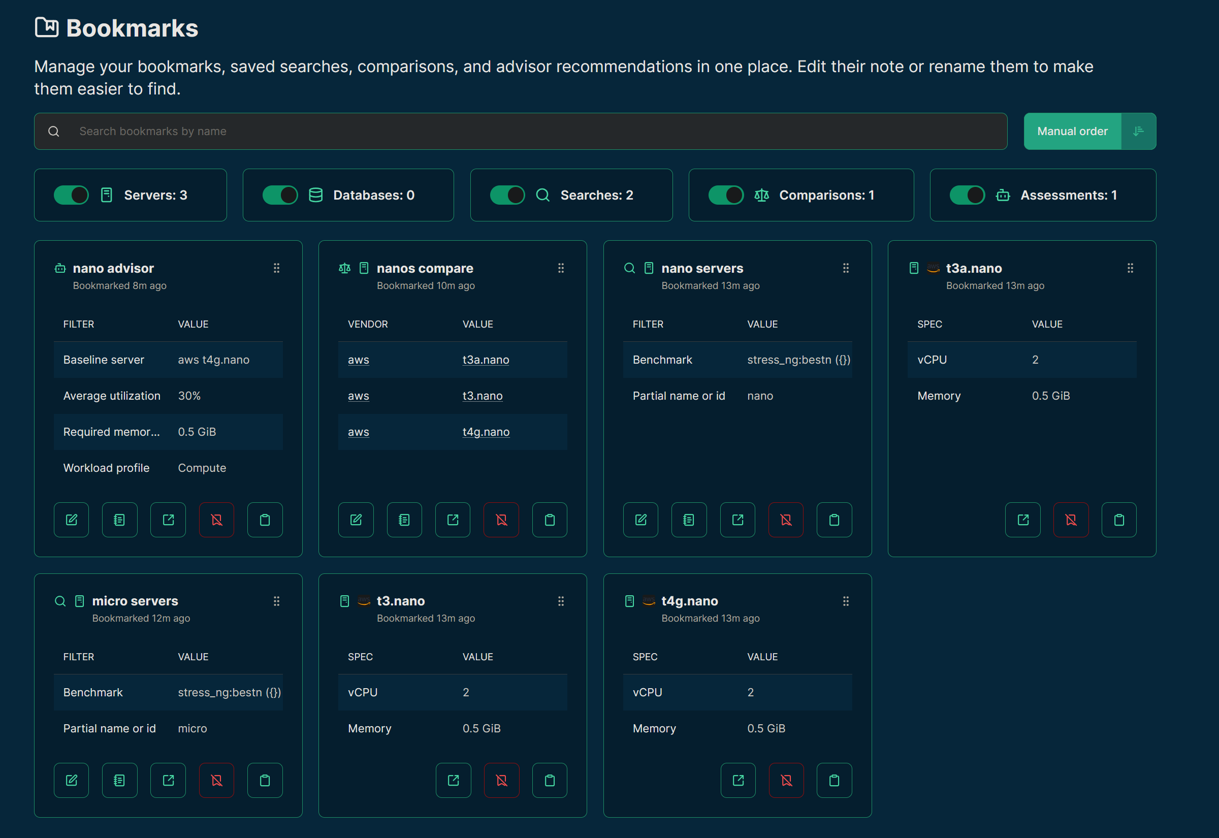 Screenshot of the Bookmarks page on the Spare Cores website with saved searches, comparisons, assessments, and servers.