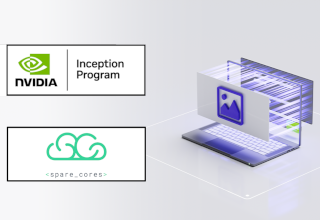 Image showing the logos of the NVIDIA Inception Program and Spare Cores, next to a laptop with charts on it.