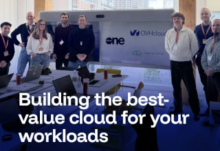 Participants of the OVHcloud, SoftwareOne, and Spare Cores hackathon gathered around a table, with logos of the three companies.