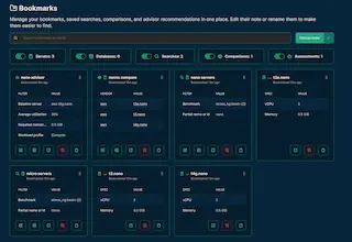 Screenshot of the Bookmarks page on the Spare Cores website listing saved searches, comparisons, assessments, and favorite servers.