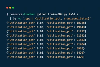 Terminal showing the resource-tracker binary wrapping a Python training script and emitting JSON metrics per second.