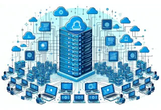 Hundreds of laptops and PCs connected to a central server, symbolizing a HTTP server benchmark scenario.