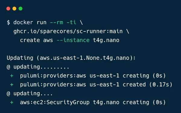 Running the SC runner CLI tool to start a t4g.nano instance