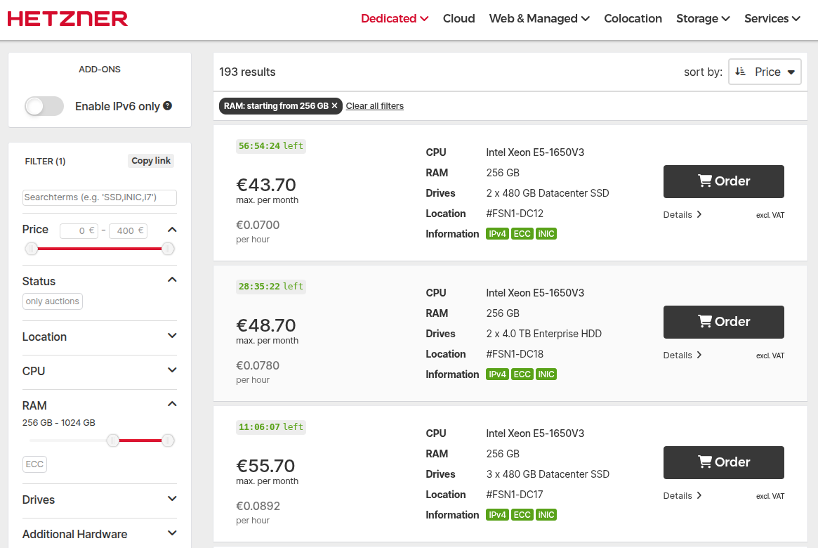 Search for cheap dedicated servers at Hetzner Cloud